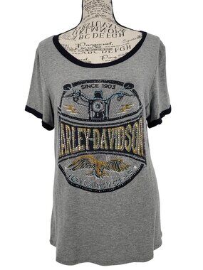 Harley Davidson Shirt Women XL Gray Eagle Rhinestone Biker Graphic Tee